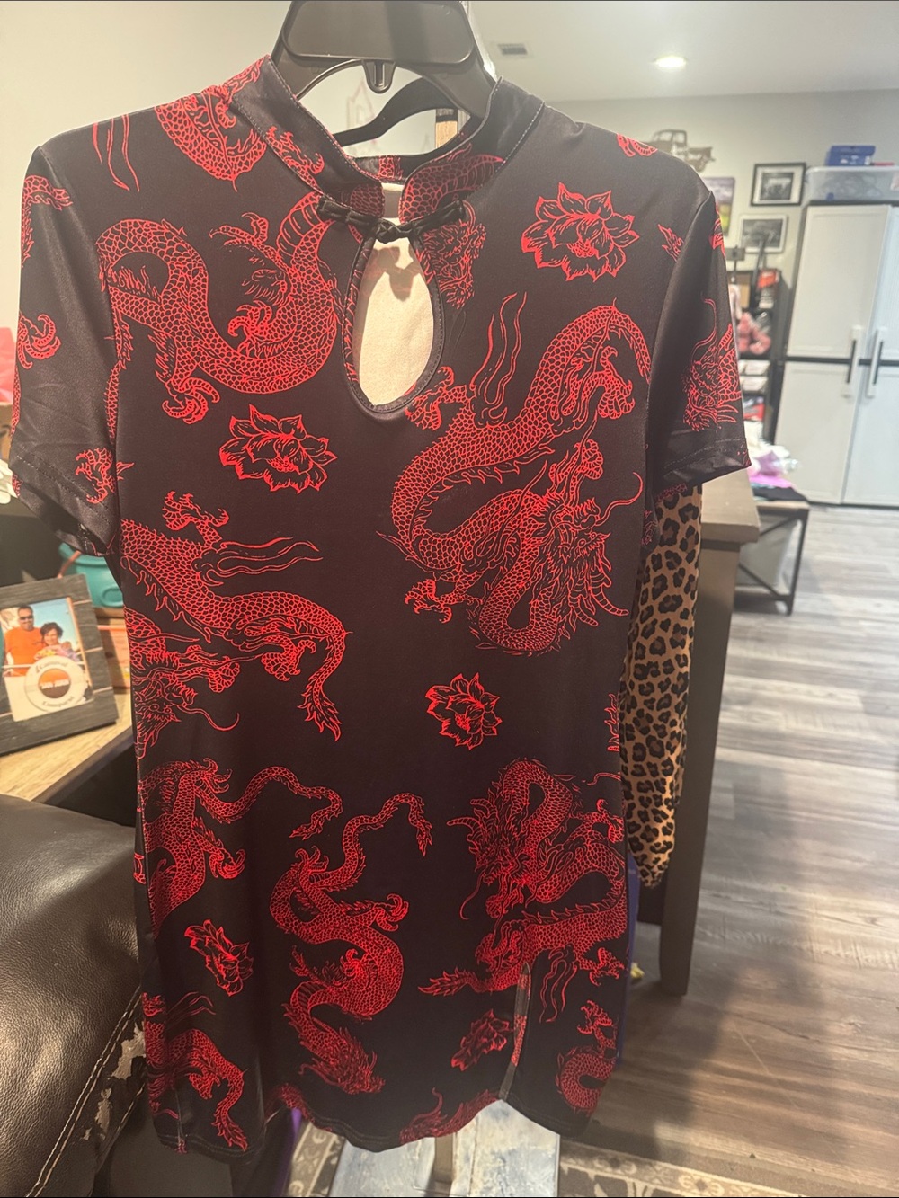 Black Tee Dress with Red Dragon Print